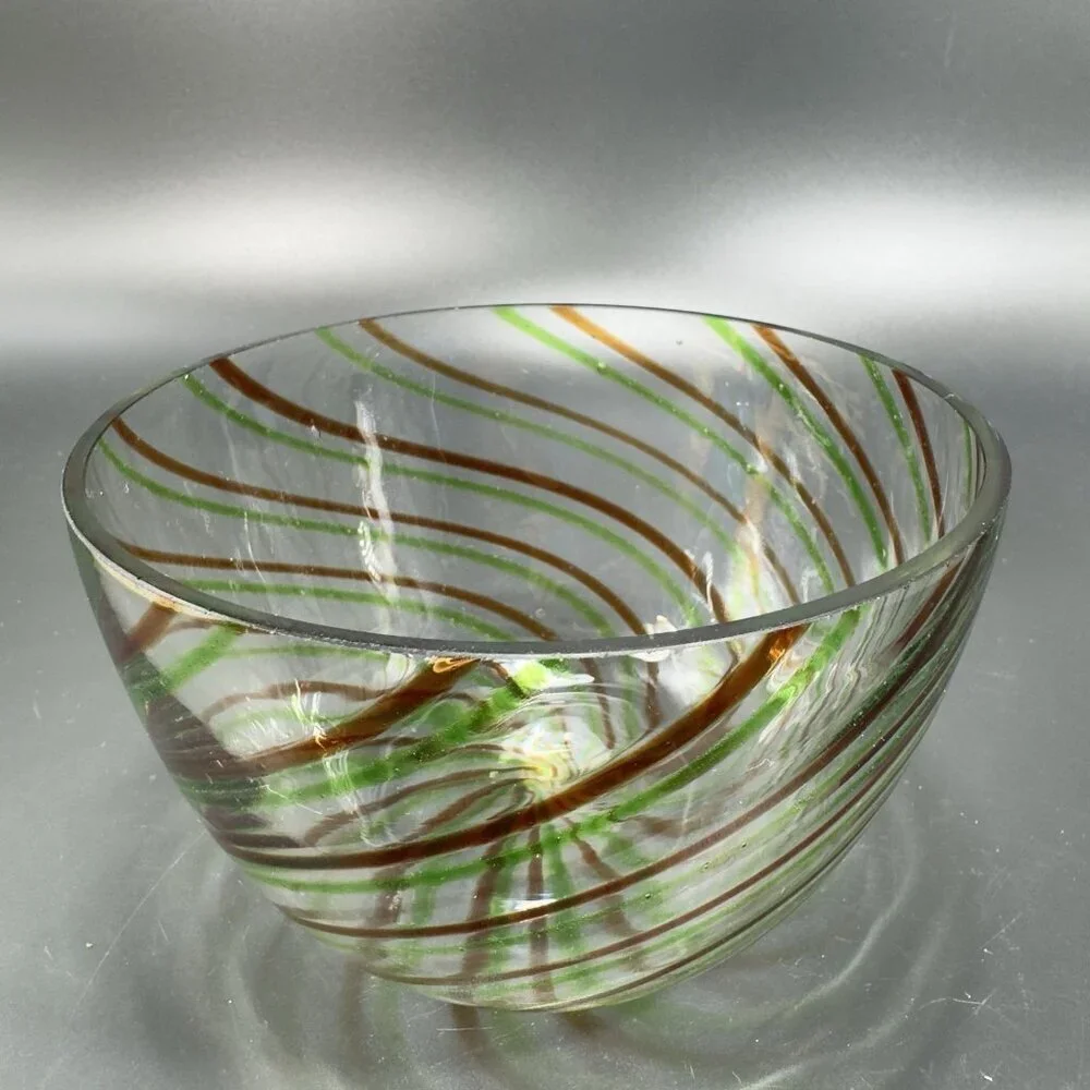 Vintage Molded Glass Dish Bowl With‎ Green Red Swirls Clear Glass Container Bowl